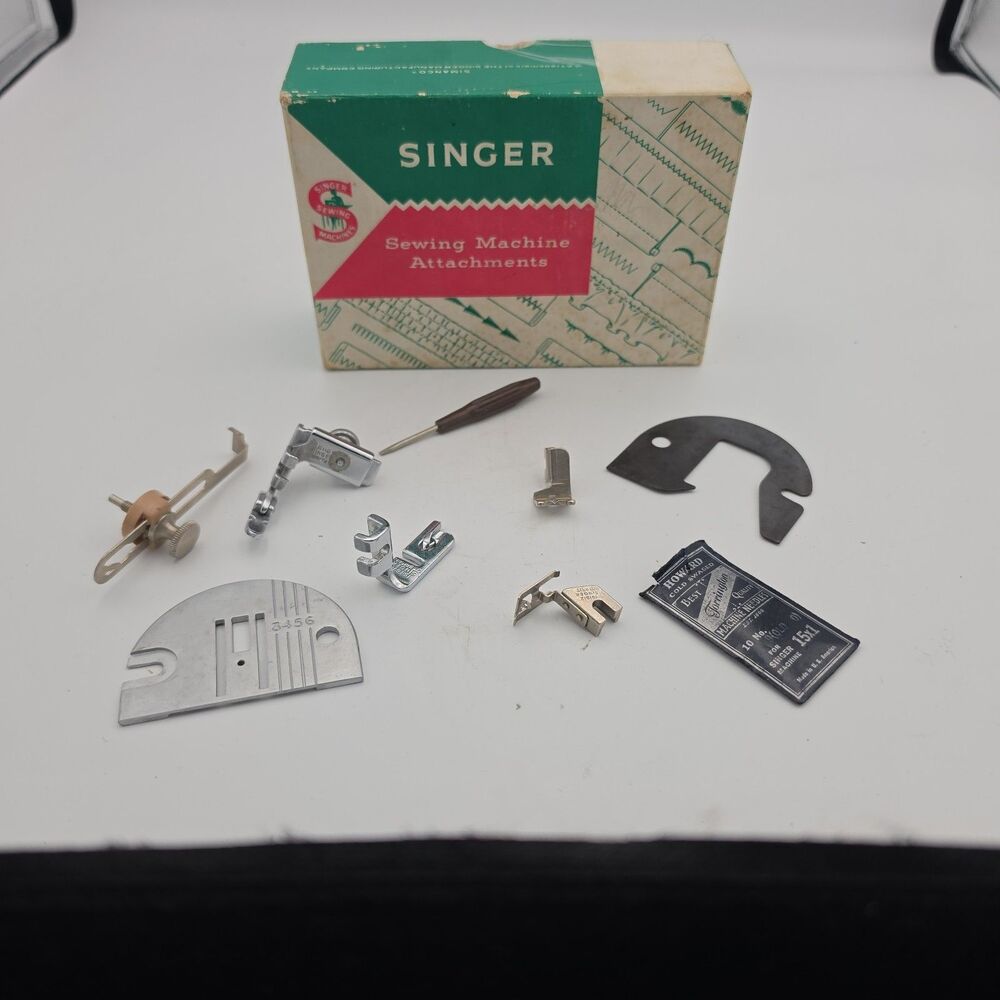 Vintage Singer Sewing Machine Attachments Presser Feet Needle Plate Box Mixed